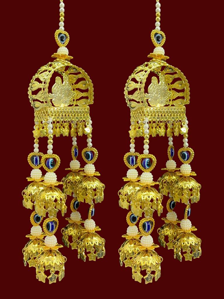 Golden Bridal Kaleera With Evil Eye Charms & Doli Dome | Long Designer Wedding Kaleere For Bride | Pearl Beads & : 2512-251-et