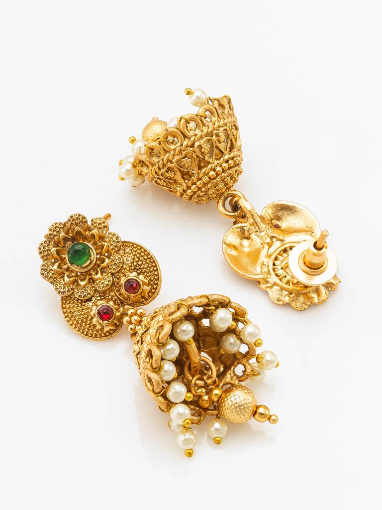 Wedding Wear Antique Gold Temple Choker Necklace Set With Pearl Bead Strands, Stones And Jhumka Earrings : NK4096