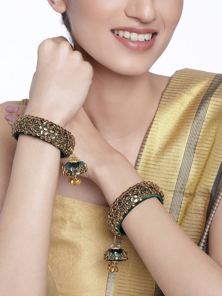 Peora Silk Thread Crystal Design With Dangling Jhumki Chuda Chura Bangle Set For Women : PF51B72G