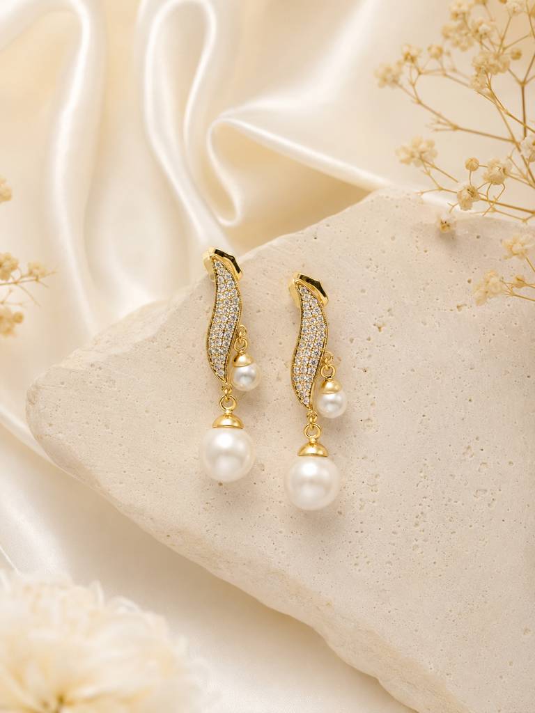 Curved Pearl Dangle Earrings With Cz Detail In 18K Gold Plating : AN-VM-GO-0149-DE