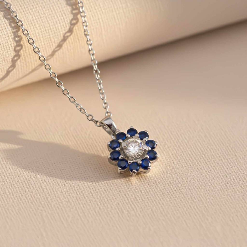 Silver Blue Sapphire Floral Halo Pendant : ZLP-1173