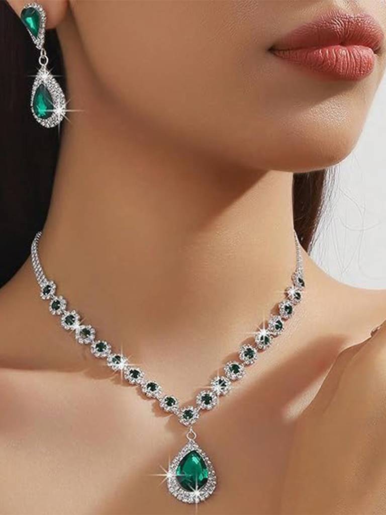 Peora Silver Plated Cubic Zirconia & Crystal Studded Teardrop Tassel Necklace With Drop Earrings Set Stylish Fash : PX9N144GRN