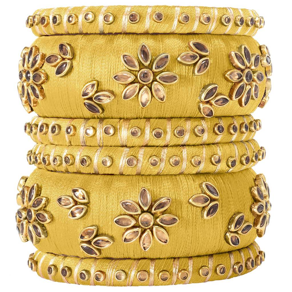 Peora Silk Thread Matching Golden Floral Decorative Chuda Chura Bangle Set For Women : PF51B69Y