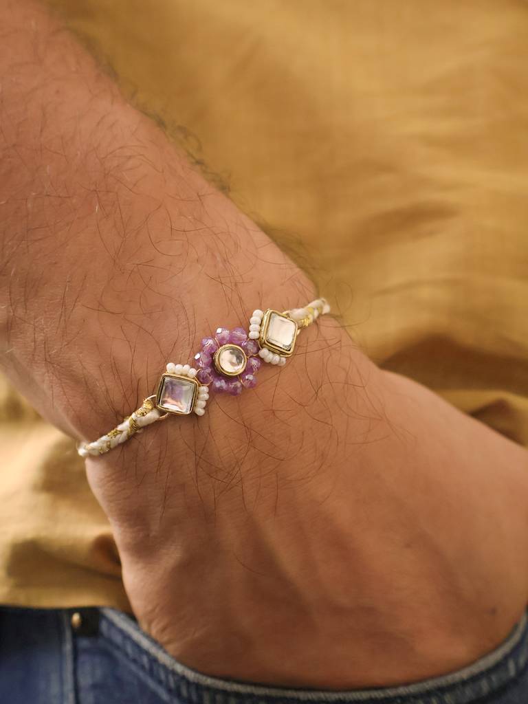 Lavender Pearl Bhai Bhabhi Rakhi Lumba Set With Roli Chawal Capsules : ACJR202-ACRL202