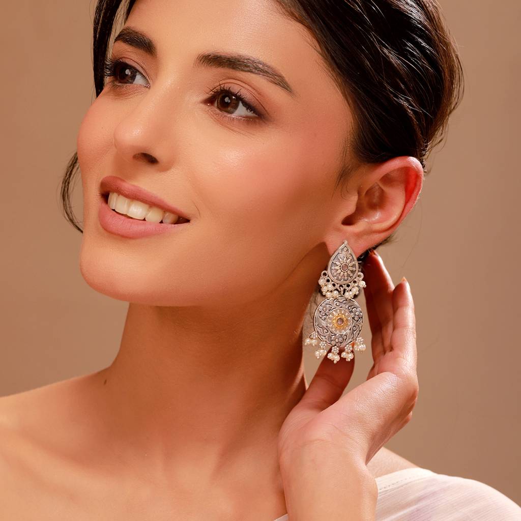 Silver Oxidised Pearl Beaded Dangler Earrings - Antique Elegance : 8905124582406