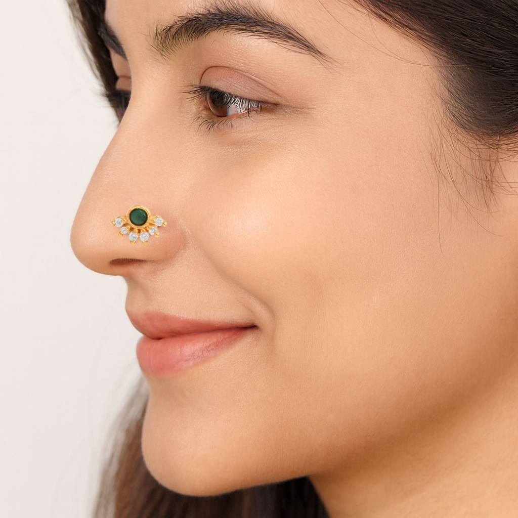 Floral Nose Pin - Sterling Silver Gold Plated : NP-00169_SW277_925S_YG_GREEN