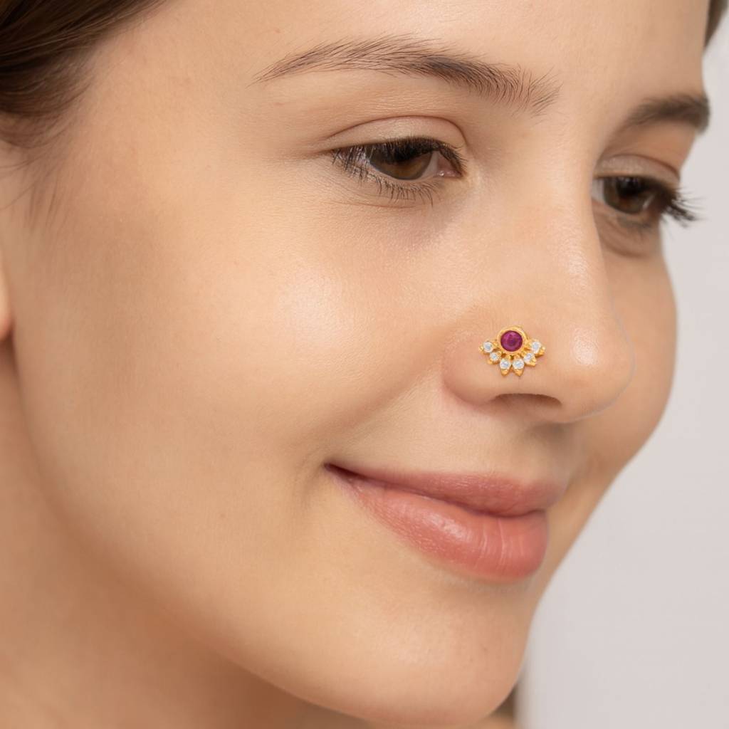 Floral Nose Pin - Sterling Silver Gold Plated : NP-00169_SW277_925S_YG_RED
