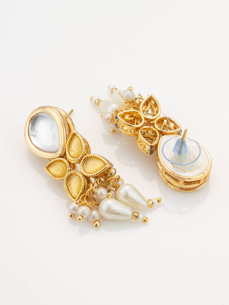 Gold Plated Kundan & Pearl Layered White Necklace Set With Earrings : NK4747