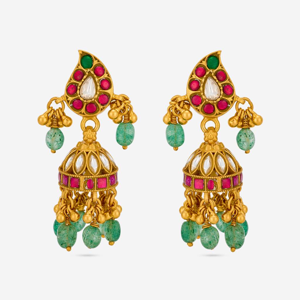 Ruby-Green Gold - Plated Festive Temple Earring - 467831 : 467831