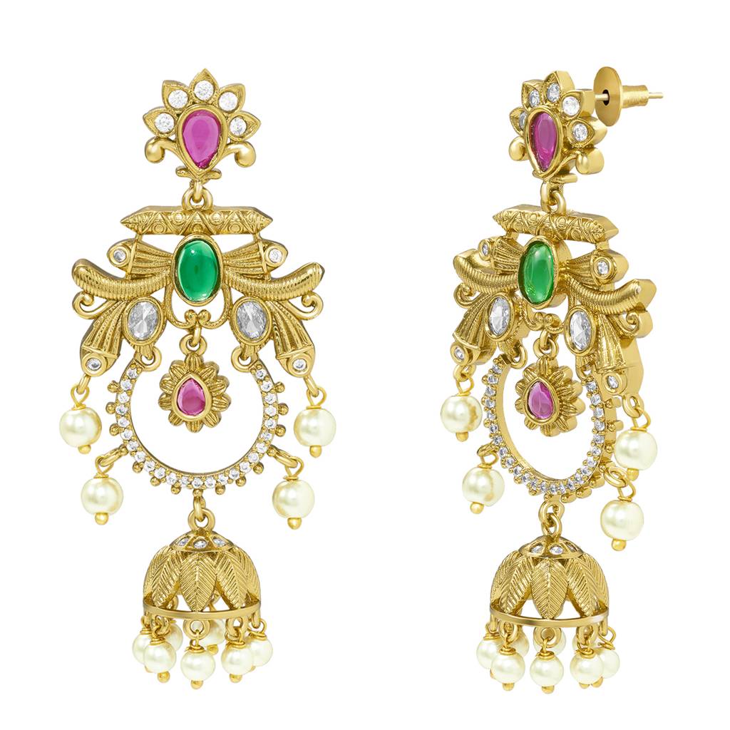 Ethnic Dangle Jhumki Earrings For Women & Girls Gold Plated Faux Emerald Ruby & Crystals Studded Festive Bridal Je : PF76E02RG