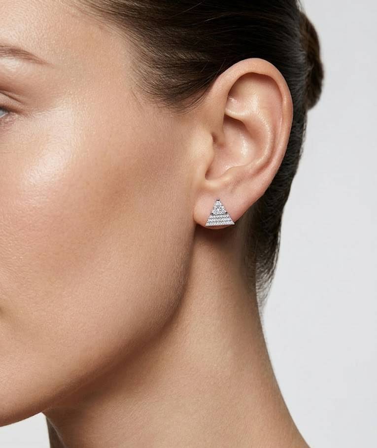 925 Silver Triangle Sparkle Stud Earrings For Women : E-14