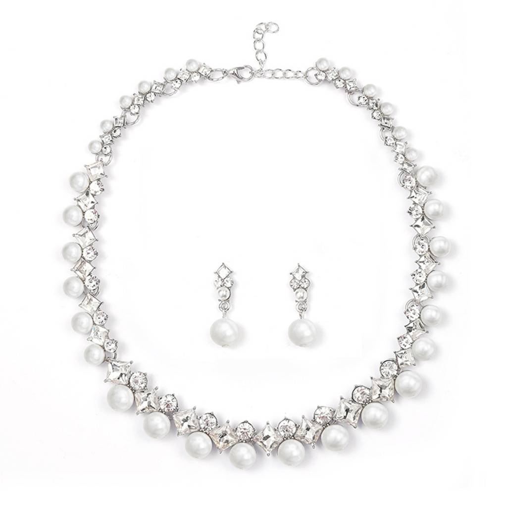 Silver Plated Crystal & Pearl Studded Necklace And Drop Earring Jewellery Set Gift For Women : PX9N130