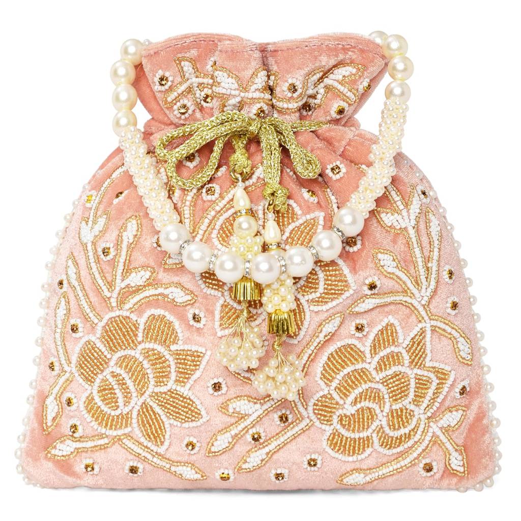 Cream Floral Potli Purses For Women Handmade Evening Handbag Stylish Bridal Fashion Wristlet Bag For Girls : P201PCH
