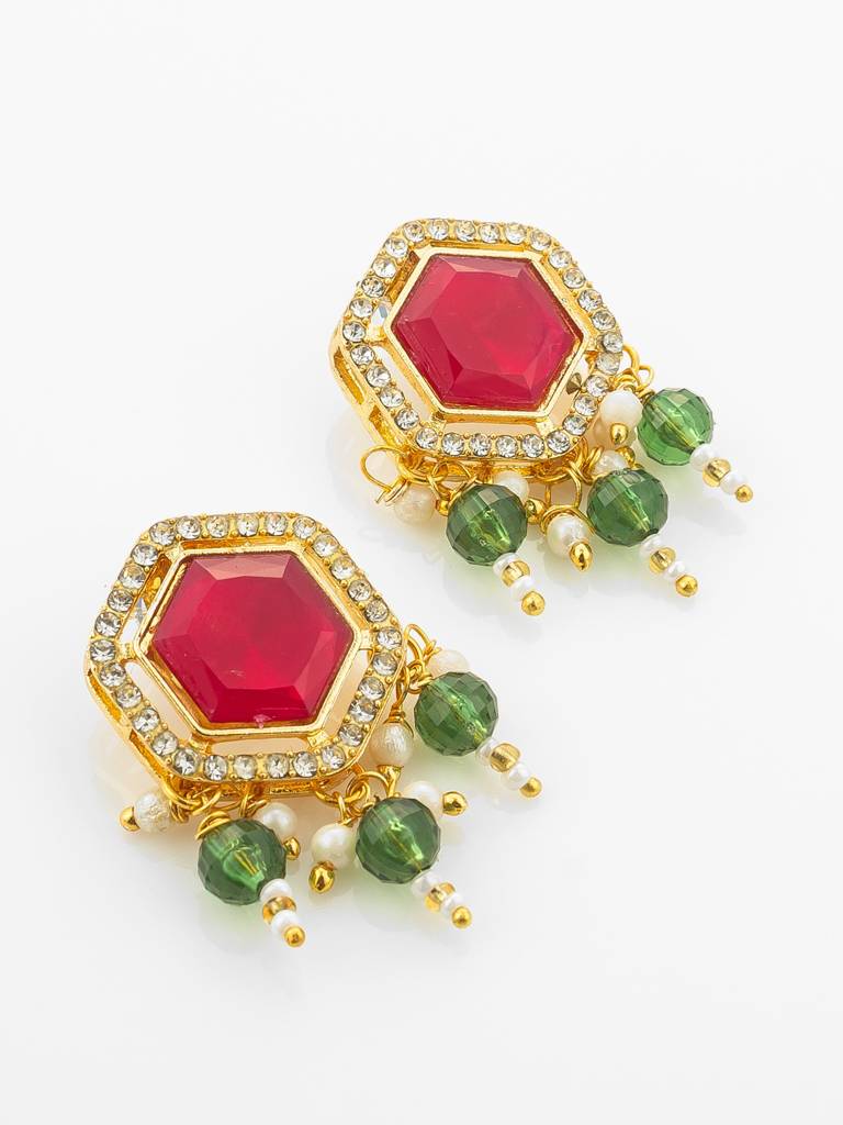 Gold Plated Red And Green Hexagonal Style Choker Set : NK4882