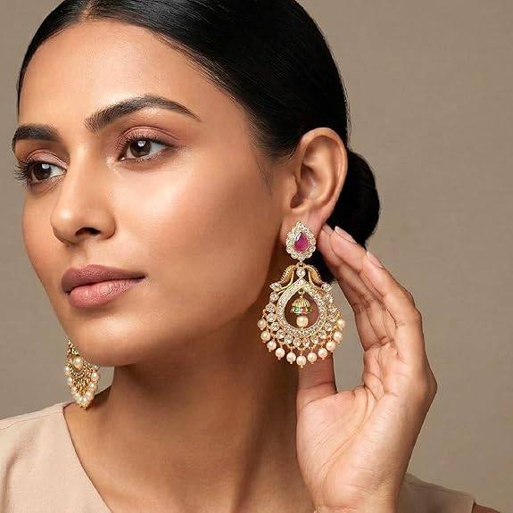 Ethnic Dangle Earrings For Women & Girls Gold Plated Faux Ruby & Cubic Zirconia Studded Festive Bridal Jewellery B : PF76E03RG