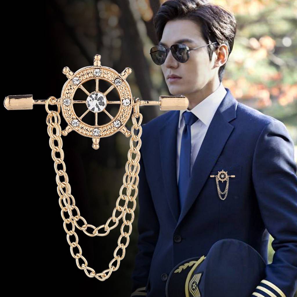 Peora Gold Plated Cubic Zirconia Studded Double Chain Pin Brooch Elegant Jewellery For Men : PX9BH03