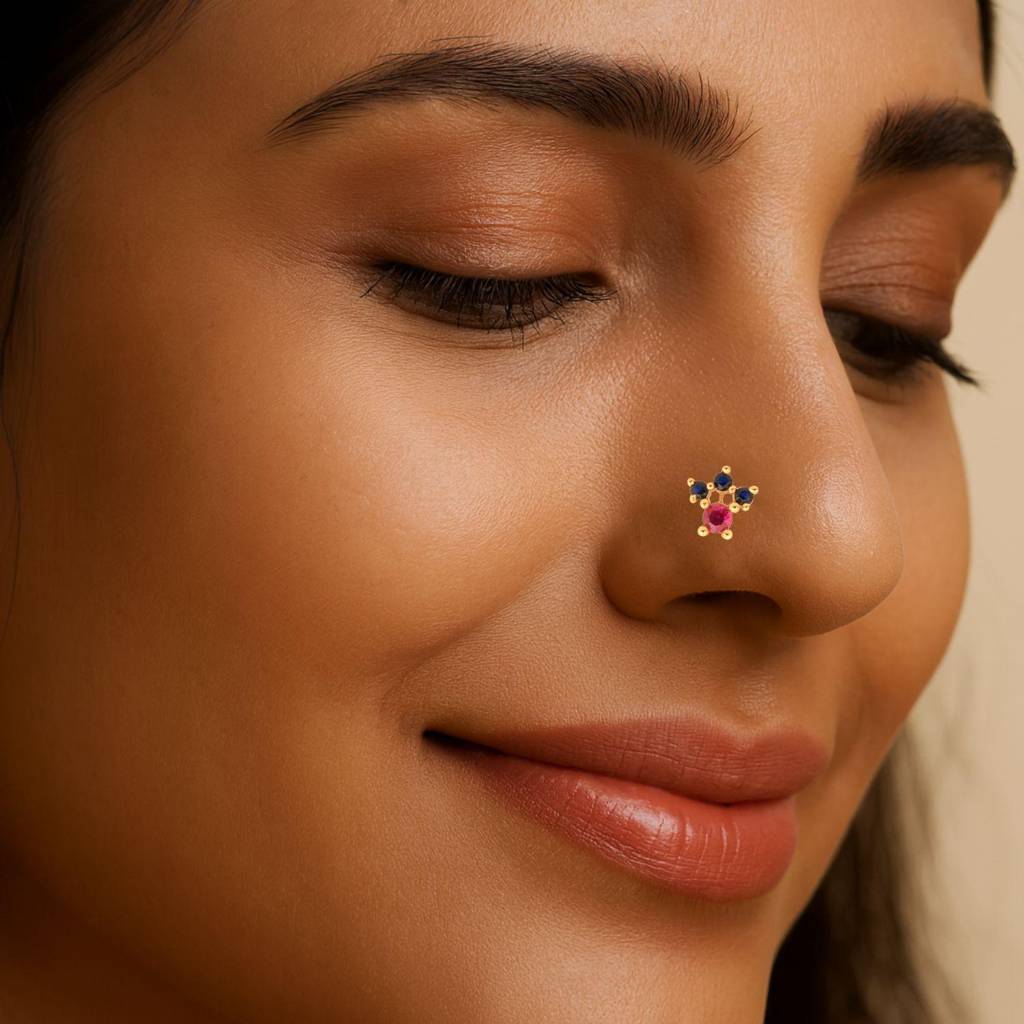 Red & Blue Cz Crown Nose Pin - Sterling Silver Gold Plated : NP-00094_925S_W_RCZ