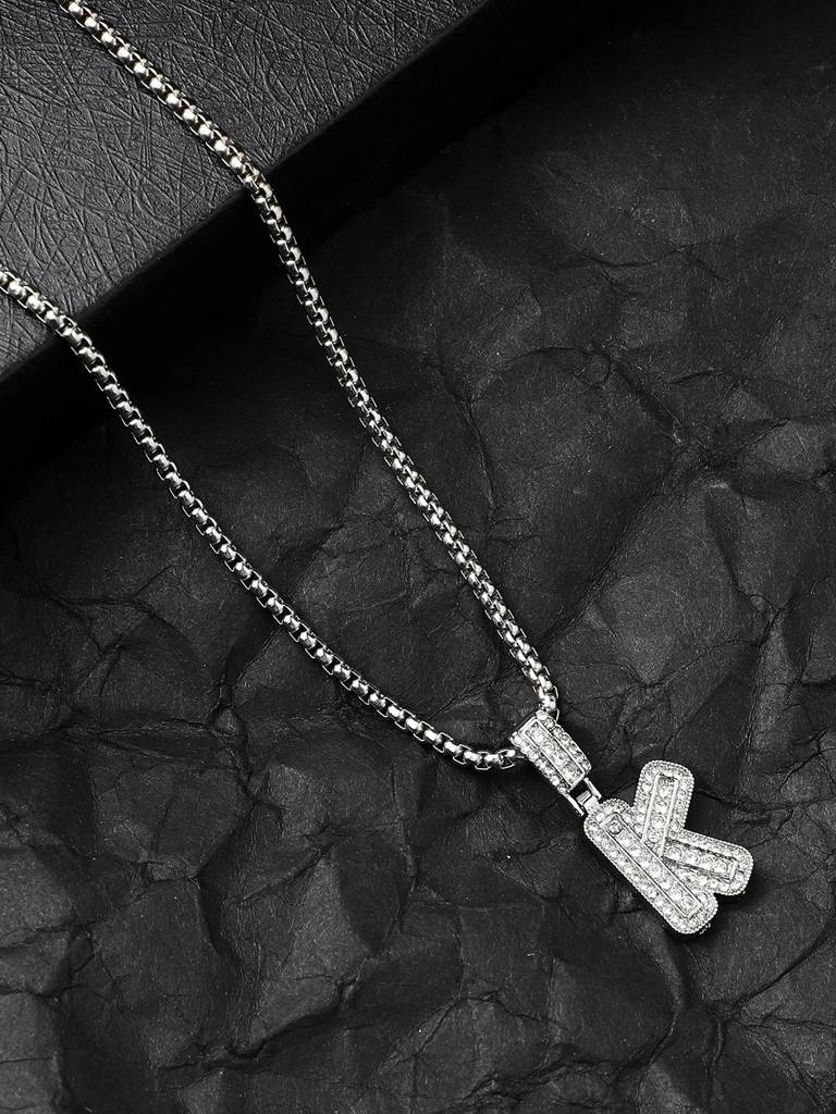 Men'S Embellished Alphabet Pendant Necklace - Silver : FANC1071-K