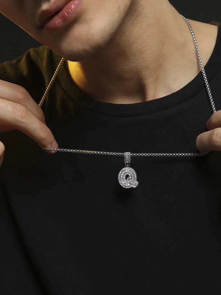 Men'S Embellished Alphabet Pendant Necklace - Silver : FANC1071-Q