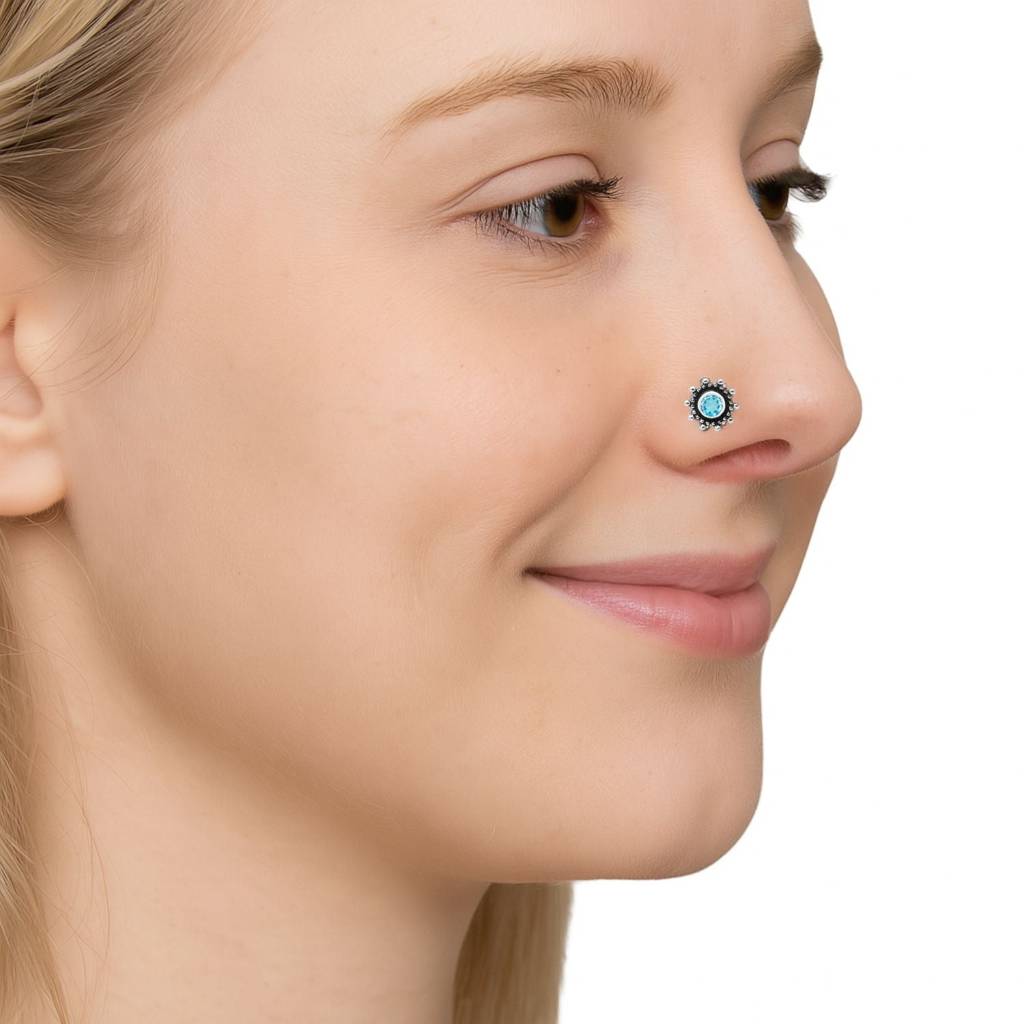 Blue Gemstone Oxidized Floral Design Nose Pin - Sterling Silver : NP-00001_925_OX_BT