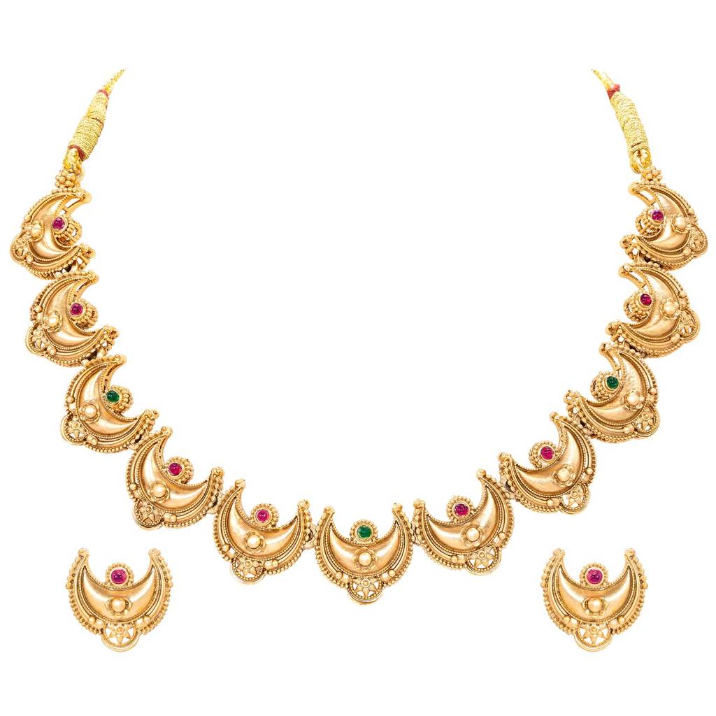 Gold Plated Green Rani Pink Ethnic Necklace Earrings Set For Women : PF109N02RPG