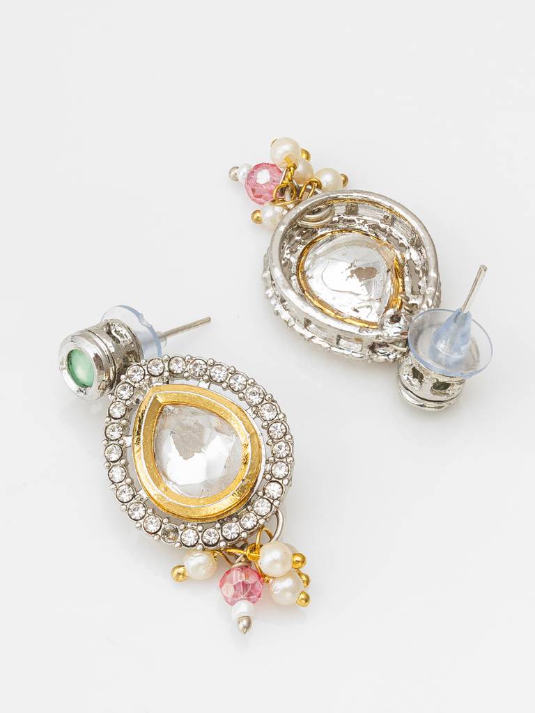Multicolor Crystal Bead Kundan Necklace Set With Polki Pendant And Pearl Drop Earrings : NK4308