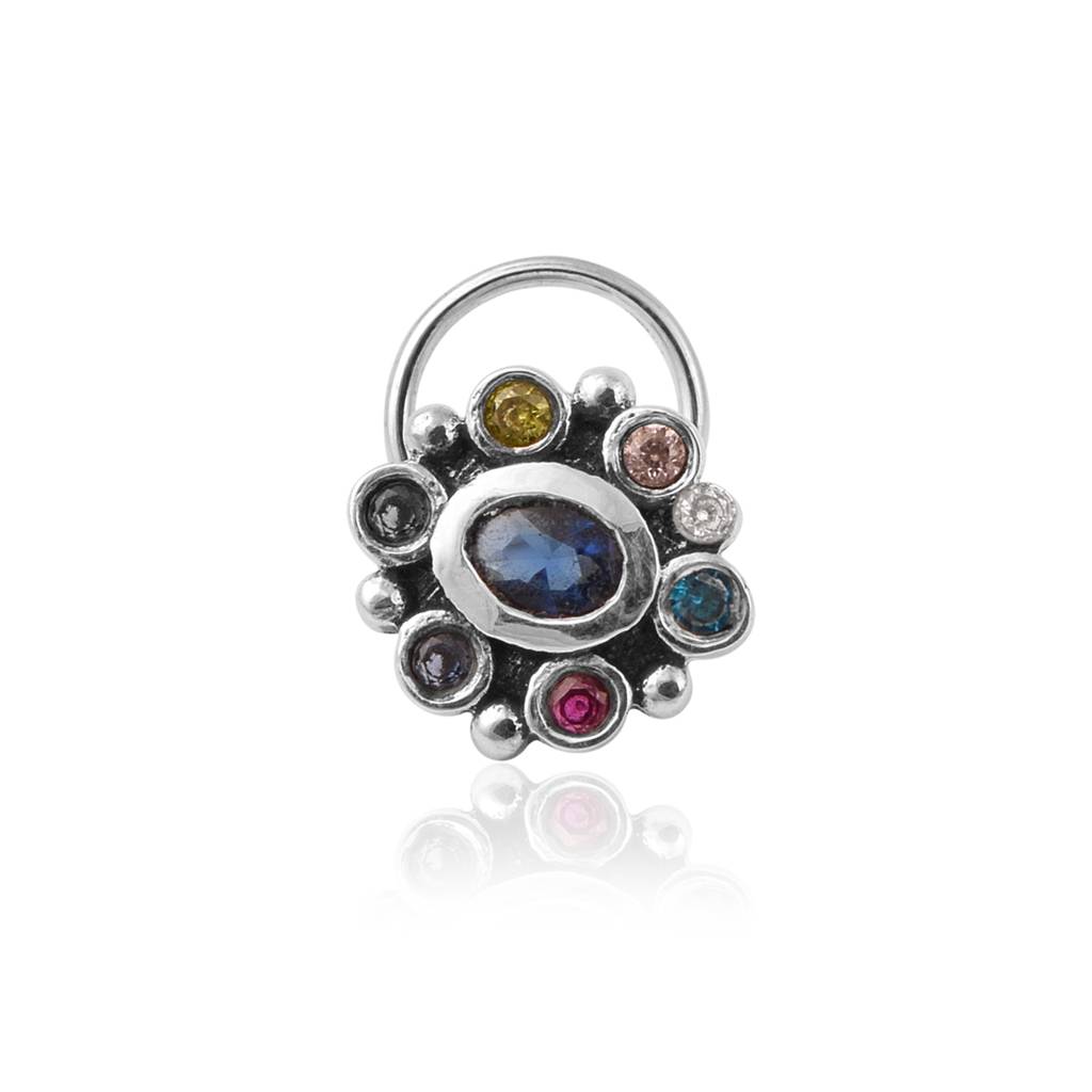Navratna Oval Nose Pin - Sterling Silver : NP00150_925S_OX_YCZ