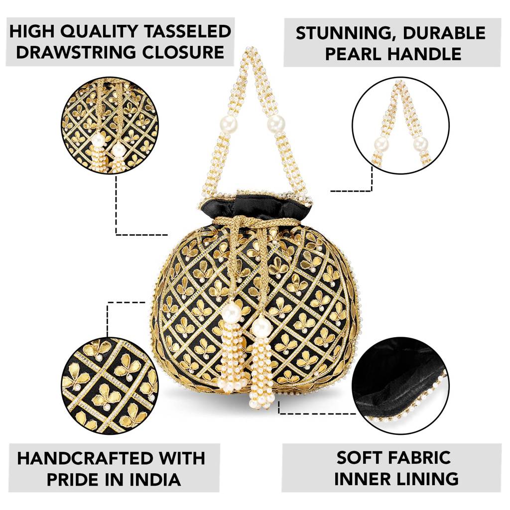 Embroidered Potli Bag For Women Handmade Ethnic Purse Evening Handbags Stylish Bridal Fashion Clutch Bag Gift For Girl : P09BL