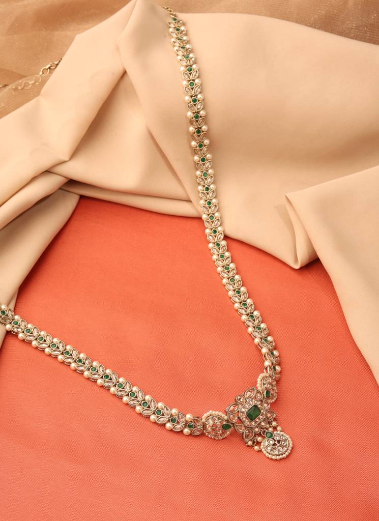 Traditional Paisley And Leaf Design Pearl Green Kundan Stone Antique Gold Plated Kamarband For Women And Girls : 6BL65_GREEN