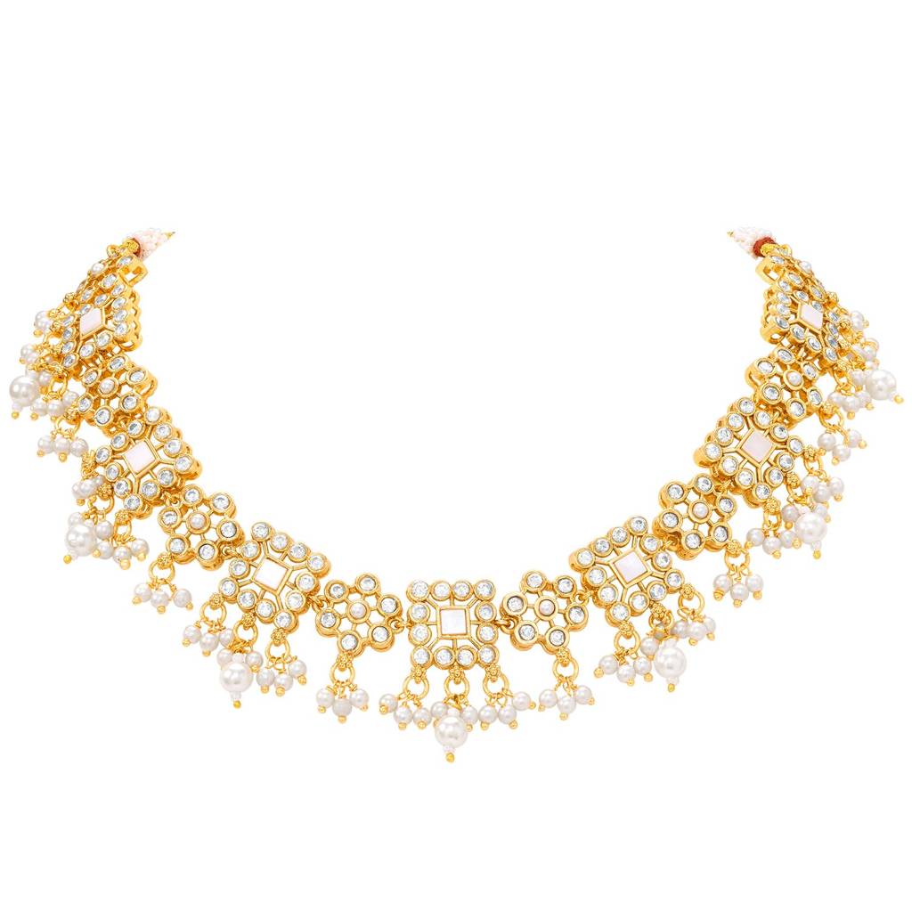 Gold Plated White Ethnic Necklace Earrings Set Jewellery For Women : PF104N30W