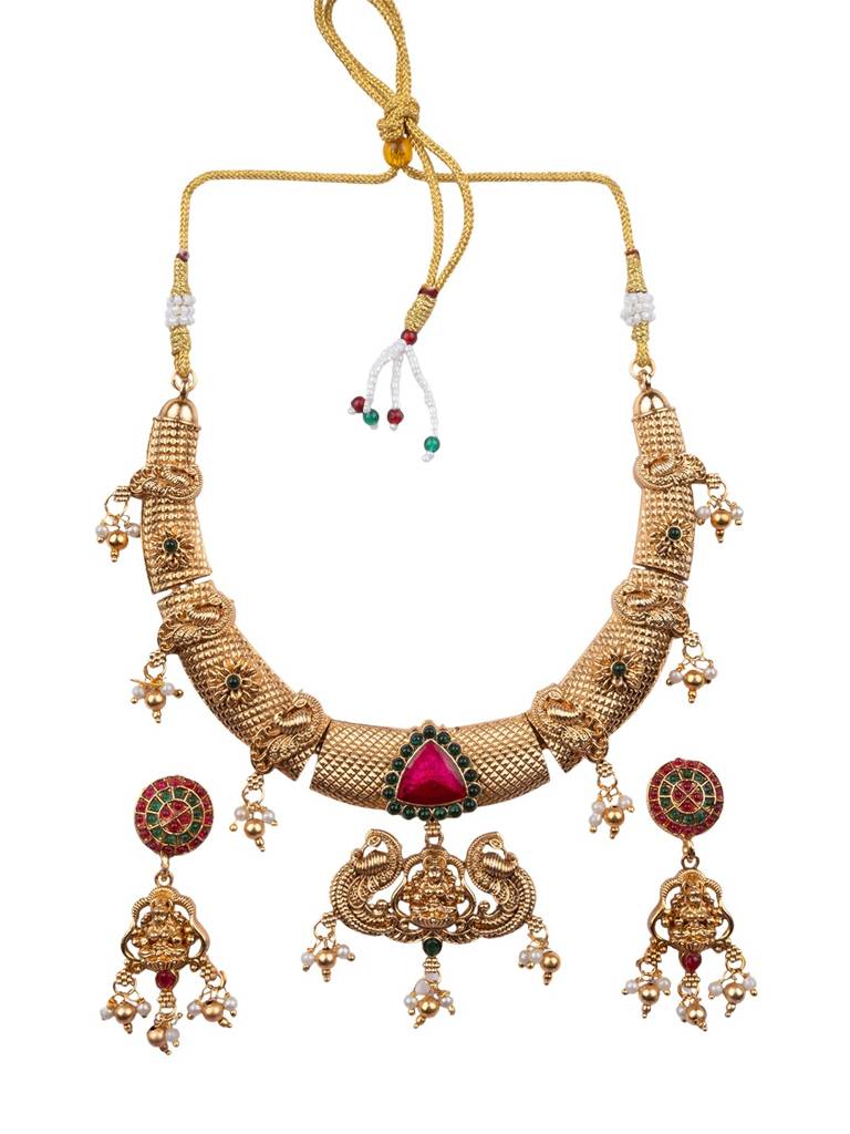 Traditional Temple Green Necklace Set : SATJS369RED