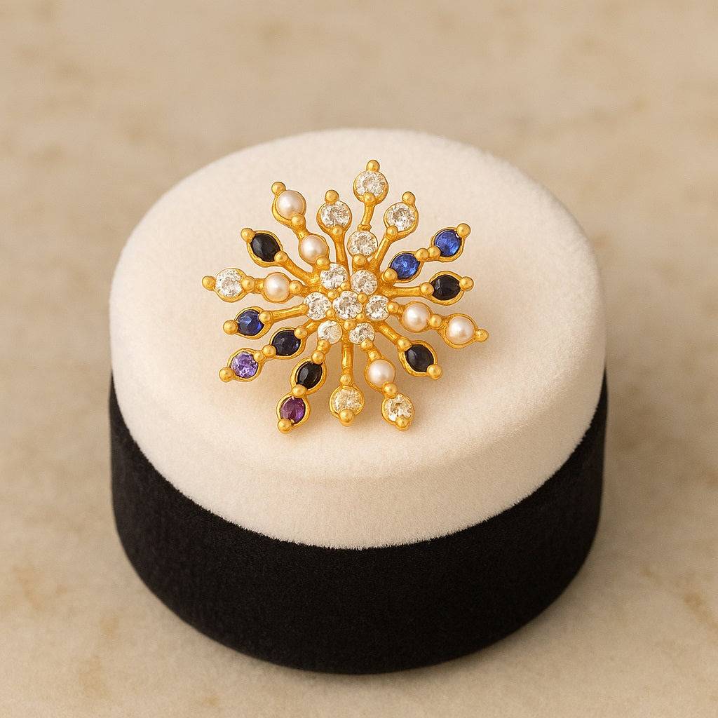 Navratan Multi-Stone Starburst Floral Nose Pin 925 Sterling Silver Gold Plated : NP-00268-SW277_HSM-NP-AUG-33013_925S_YP_NVT