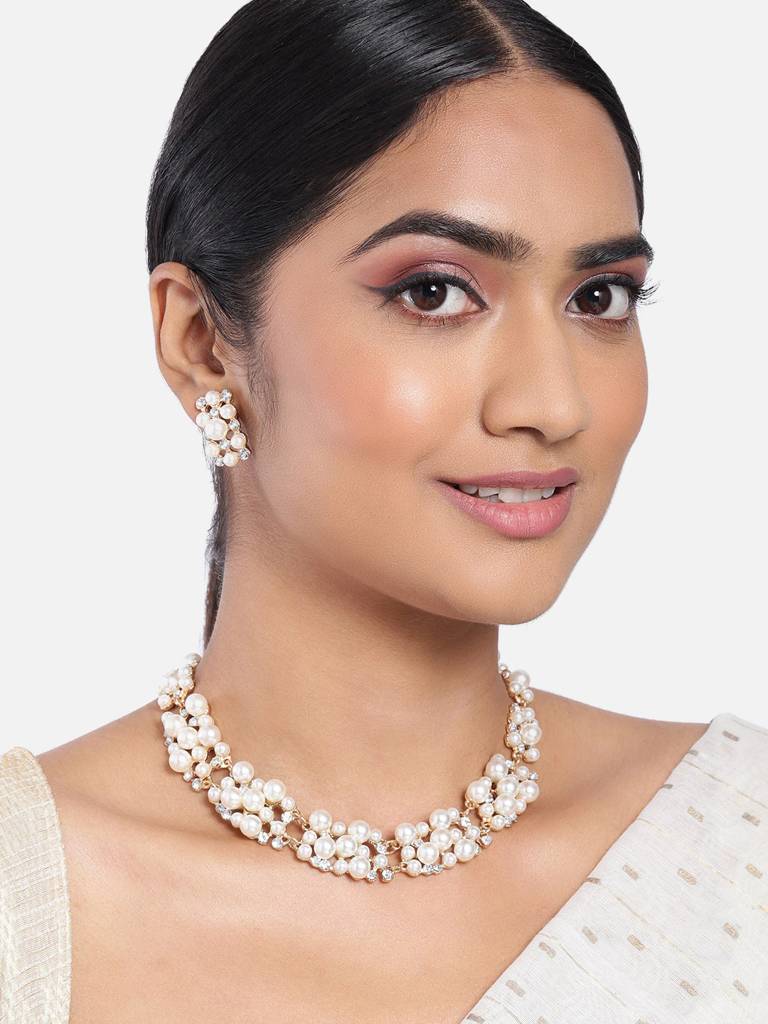 Peora Pearl Jewellery Sets For Women African Beads Gold Wedding Crystal Bridal Dubai Necklace : PX8N13