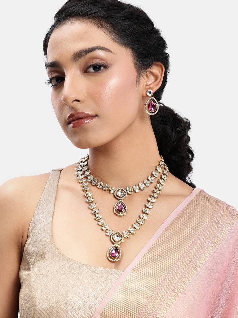Peora Gold Plated Faux Emerald & Kundan Studded Two Layer Necklace Earrings Set Contemporary Jewellery For Women : PF105N015RP