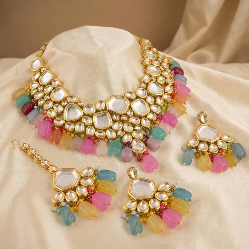 18 Kt Gold Plated Bridal & Semi-Bridal Necklace Set With Earrings & Maang Tikka : 4997-J5SK-1574-MT