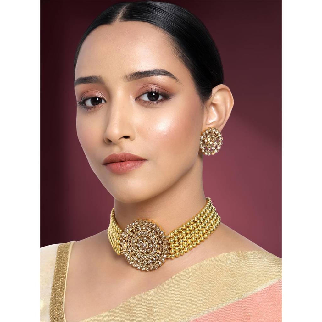 Gold Plated Brass Pearl Diamond Choker Necklace With Round Earrings Traditional Jewellery Set Gift For Women : PF26N1374LCT