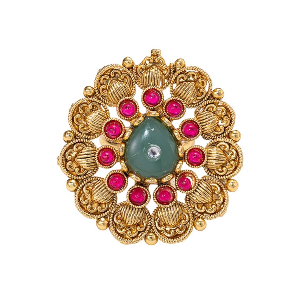 Gold Plated Rani Pink Green Ethnic Adjustable Finger Ring For Women : PF04R07RPG