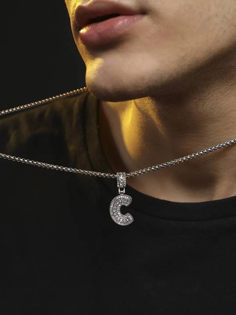 Men'S Embellished Alphabet Pendant Necklace - Silver : FANC1071-C