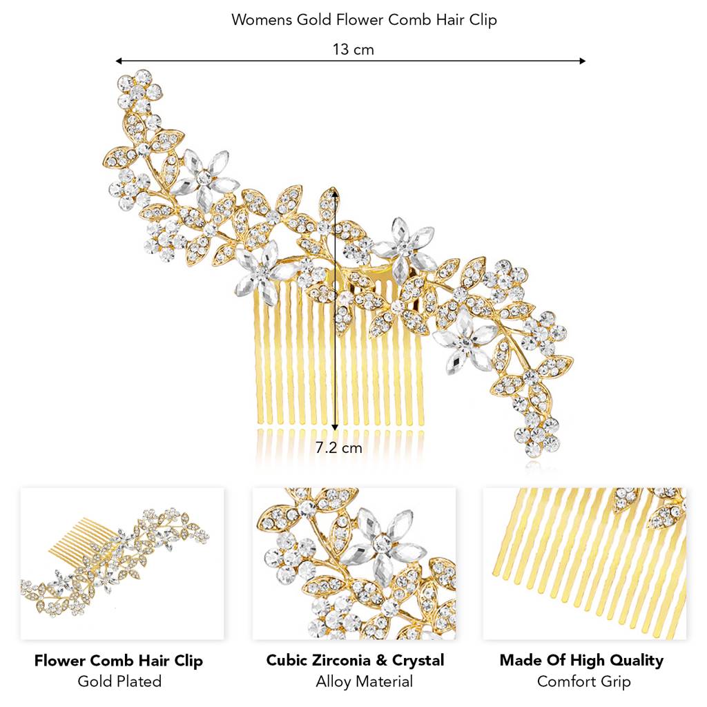 Gold Plated Floral Cubic Zirconia Studded Hair Comb Slides Stylish Hair Accessories Jewellery For Women & Girls : PX9HJ08