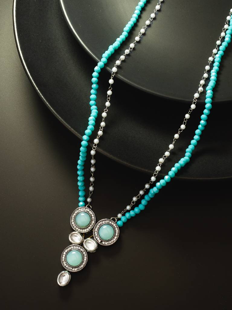 Teal Crystal Bead Double-Strand Necklace With Silver Pendant : NK4554