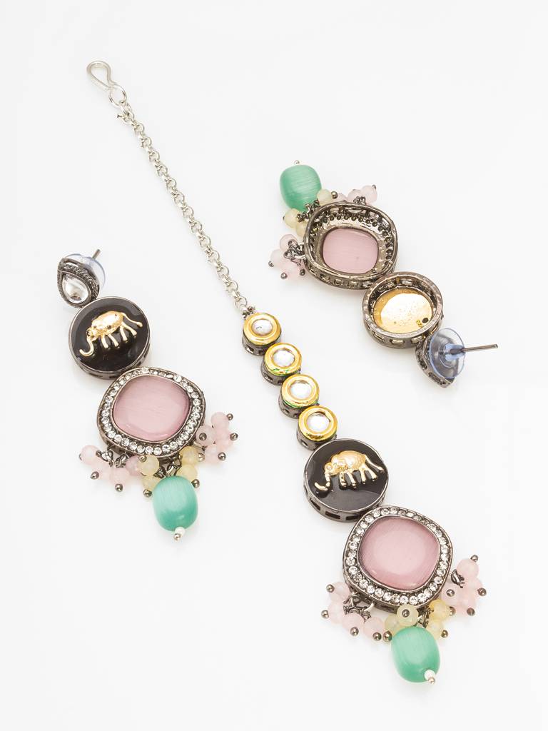Oxidized Silver Elephant Motif Choker Necklace Set With Catseye Stones, Earrings And Maang Tikka : NK4266