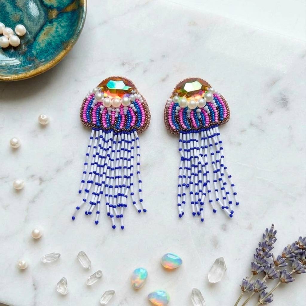 Blue, Pink & White Handmade Dangler Underwater Jelly Fish Themed Bead Earring : ERJF095