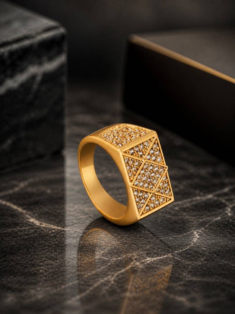 18K Gold-Plated Geometric American Diamond Anti Tarnish & Water-Proof Ring For Men'S : AN-LJ-GO-0006-DR-M-10