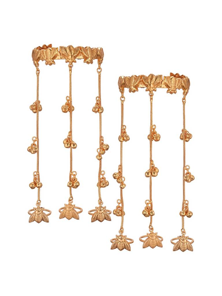 Set Of 2 22K Gold Plated Honey Bee Ghungroo Multi Chain Hand Harness Adjustable Cuff Bracelet Hathphool : SJHP3005