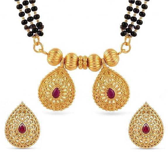 Gold Plated Traditional Mangalsutra Earrings Set For Women | Faux Ruby Studded | Festive & Bridal Jewellery : PF04MS14RG