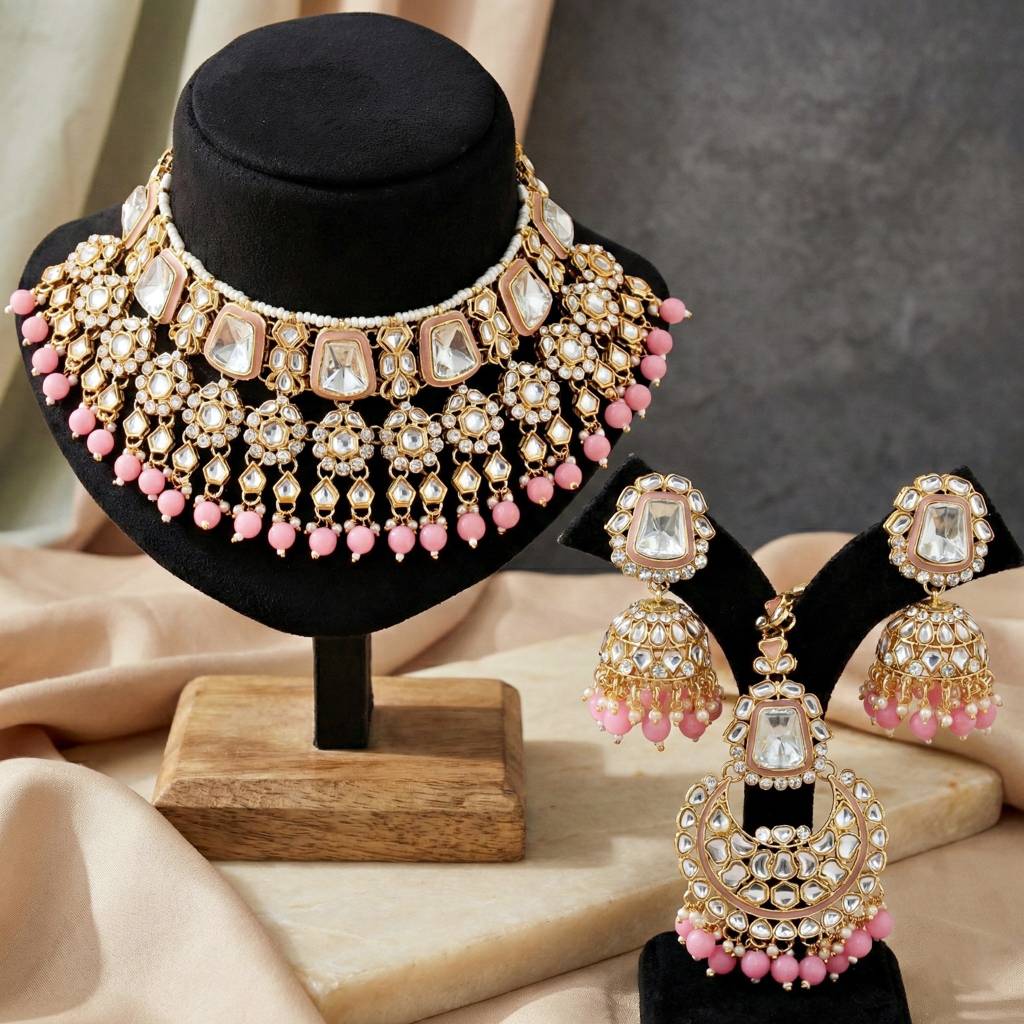 18 Kt Gold Plated Bridal & Semi-Bridal Necklace Set With Earrings, Maang Tikka & Nath : 2476-M8SK-1101-PK