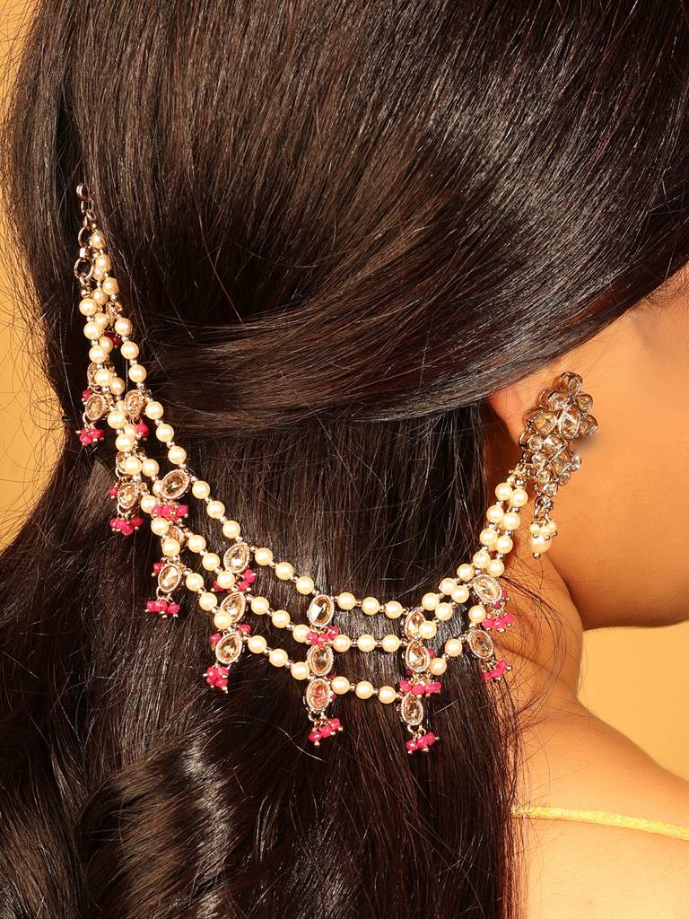 Creative Oval And Circle Shape 3 String White Kundan Stone Pearl Antique Gold Plated Set Of 2 Ear-Chain  : 6KC02-Half-White_MD