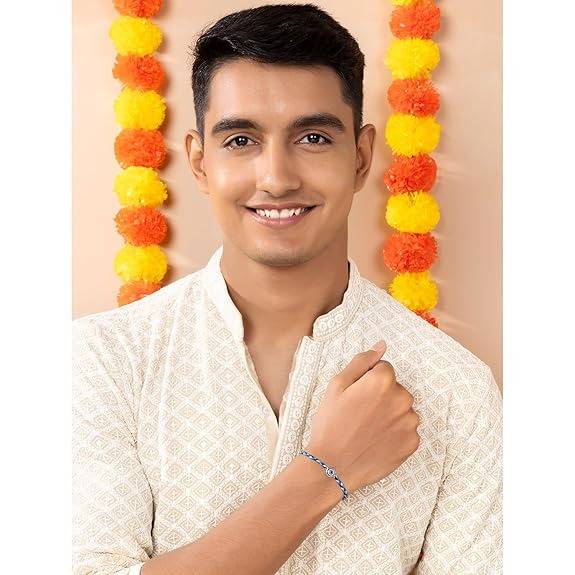 Mens 925 Sterling Silver Evil Eye Studded Rakhi For Brother Bhaiya|Blue & White Thread|Raksha Bandhan Hamper With Rol : R18S20