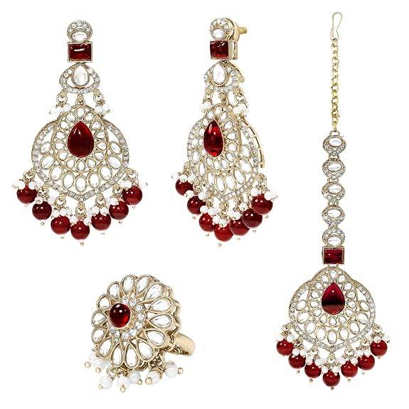 Maroon Kundan Studded Earrings Maangtikka Finger Ring Set For Women : PF26ET02M