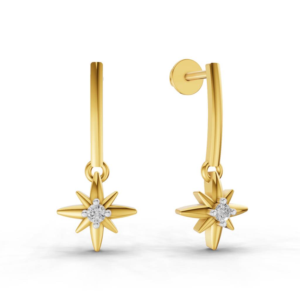 Lab Grown Diamond 0.07Ct Round 925 Sterling Silver Gold Plated Star Earrings : SQT19726-EG-925S-007CT